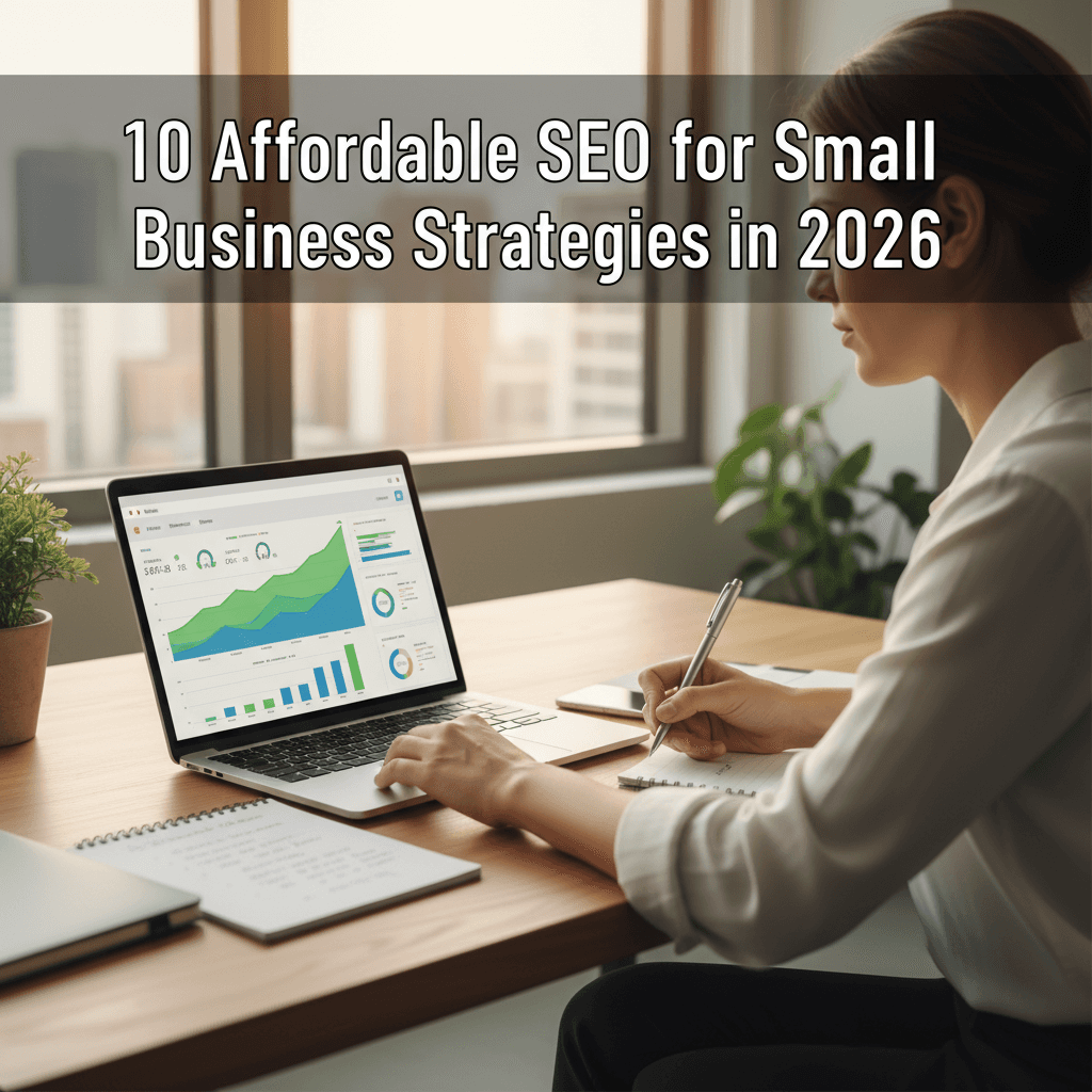 Small business owner analyzing affordable SEO for small business performance metrics on laptop