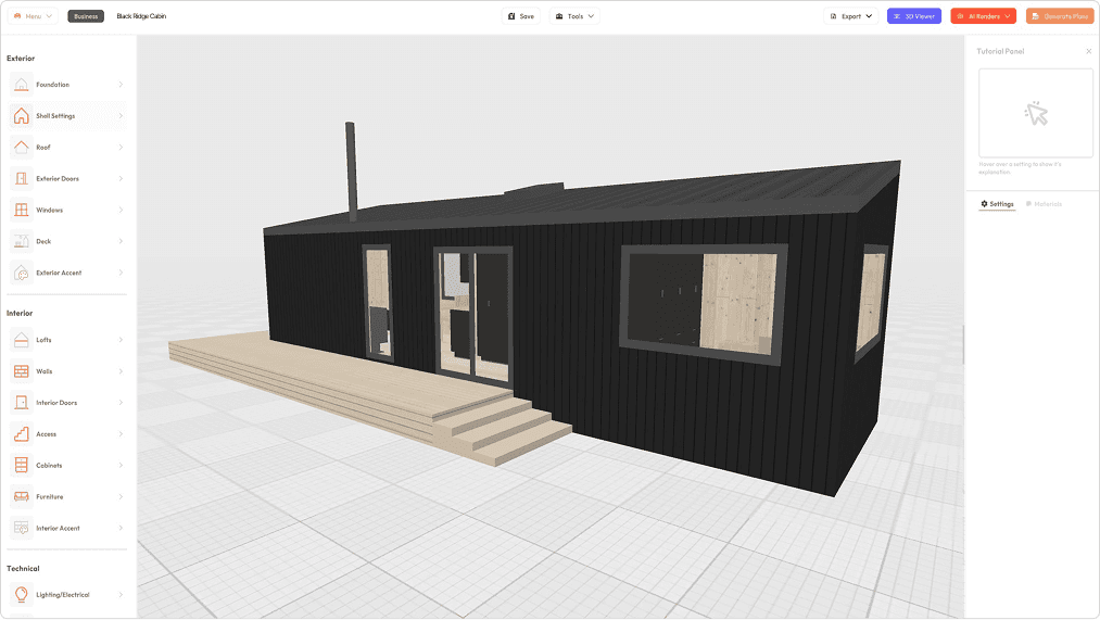 Preview of the exterior 3D model view of Black Ridge Cabin in Tiny Easy's 3D Design Software