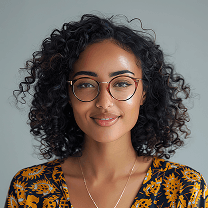 A woman with curly hair and glasses smiles at the camera, showcasing her stylish look and confident demeanor.