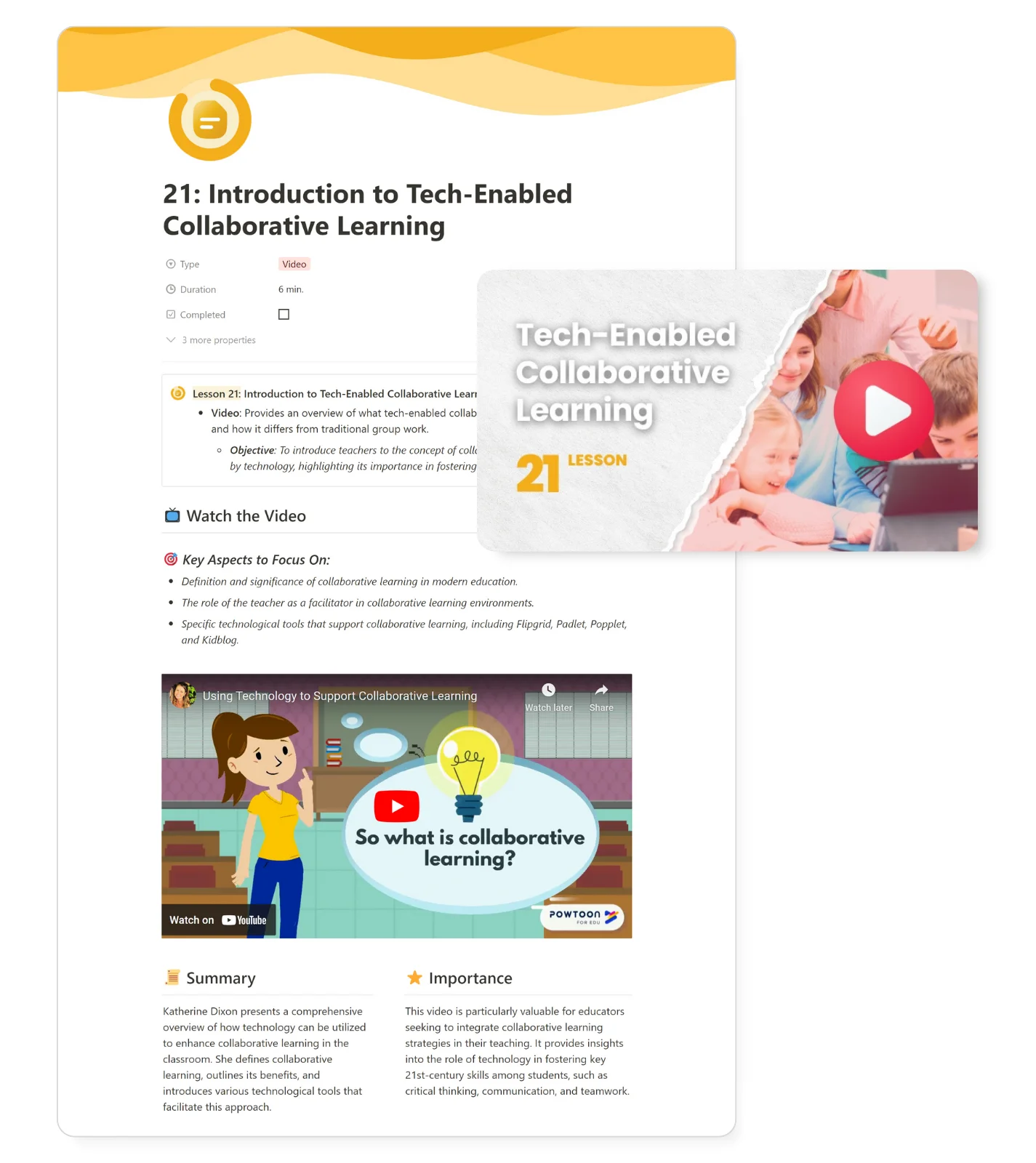 Visual preview of a video lesson module from the Professional Development Pack, displayed in Notion, featuring engaging content tailored for innovative teaching methods.