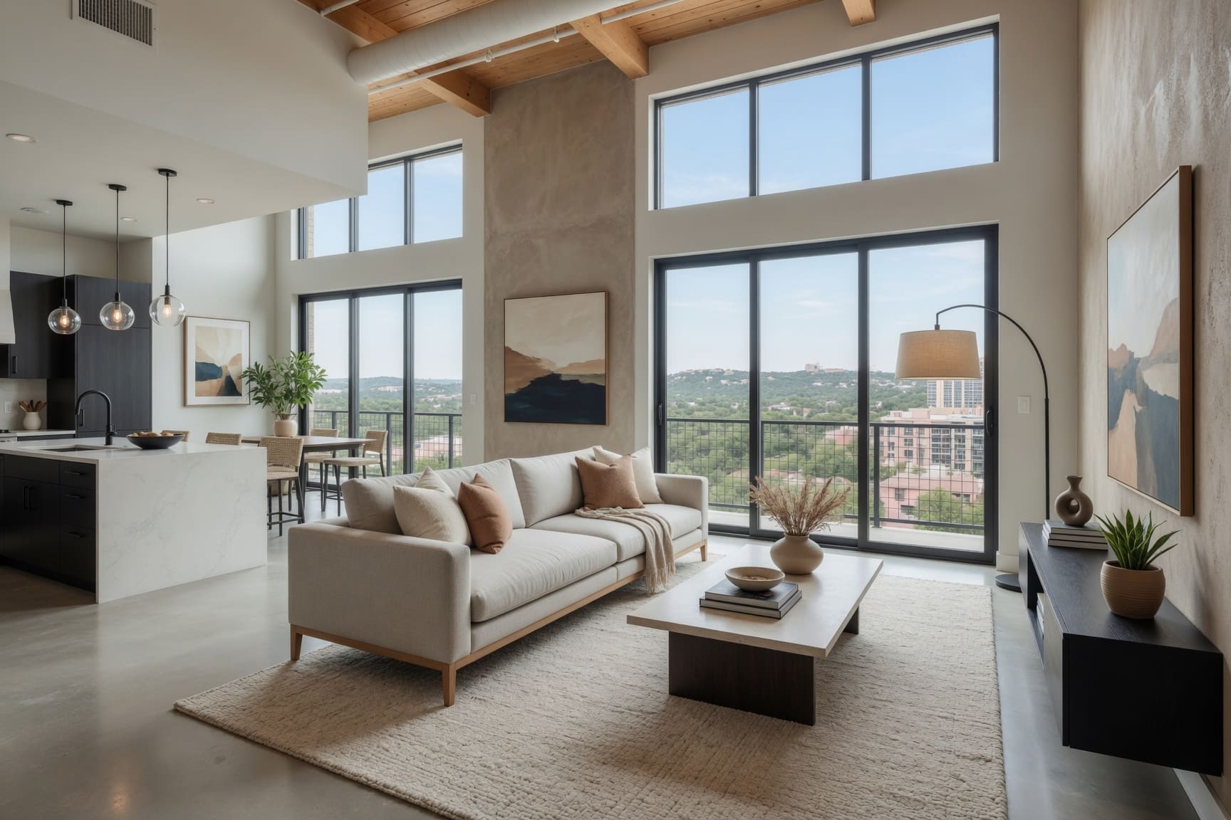 Living room with exposed beam ceiling and panoramic city views