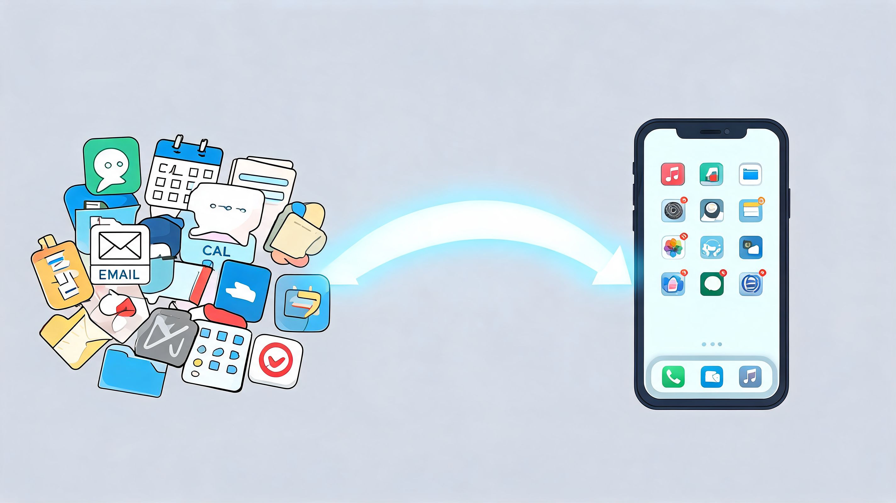 A digital illustration showing a pile of various application icons transferring data into a smartphone screen.