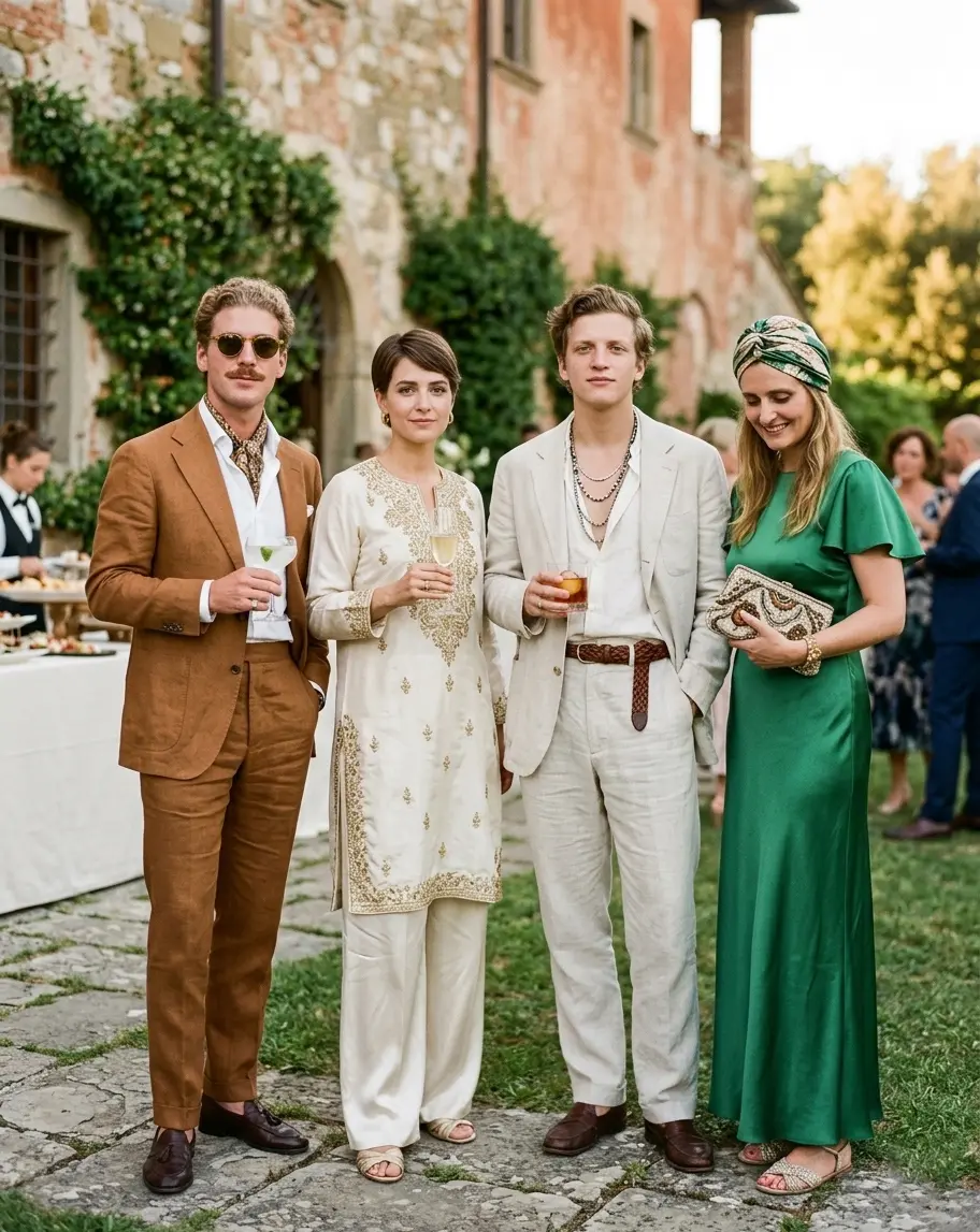 Wedding guests dressed in elegant formal attire: men in suits and women in stylish outfits at an outdoor celebration