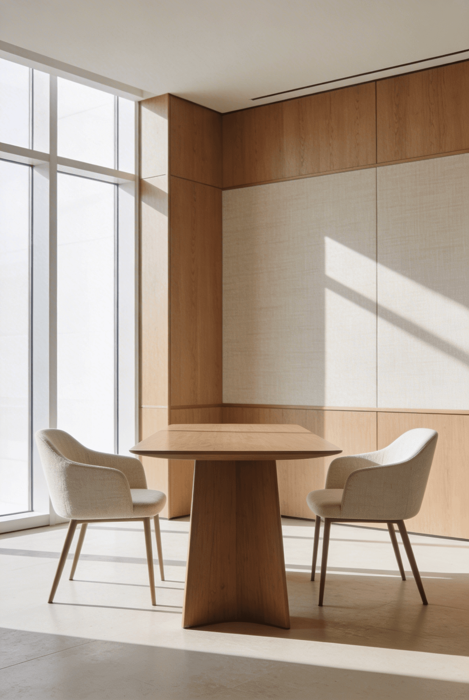 A minimalist room with a wooden table, two upholstered chairs, and natural light streaming through large windows.