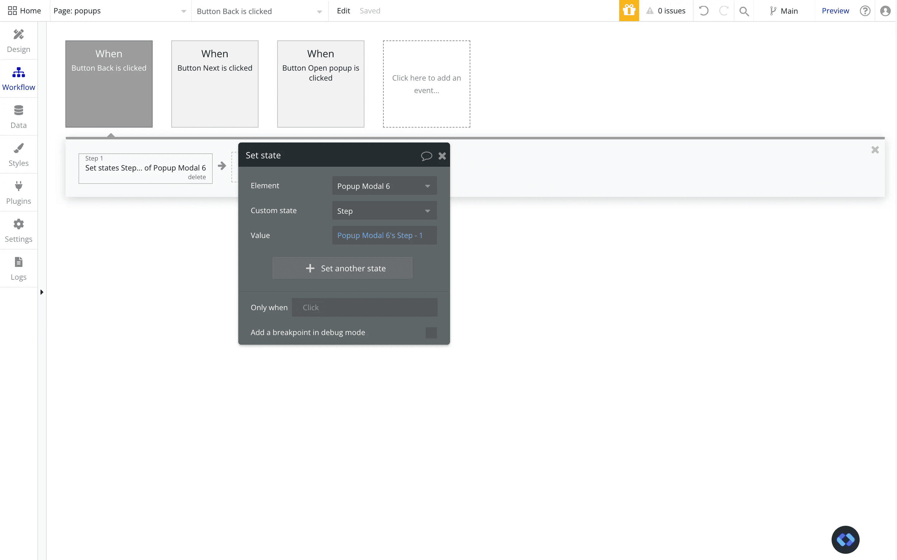 going to the previous step in a popup in bubble