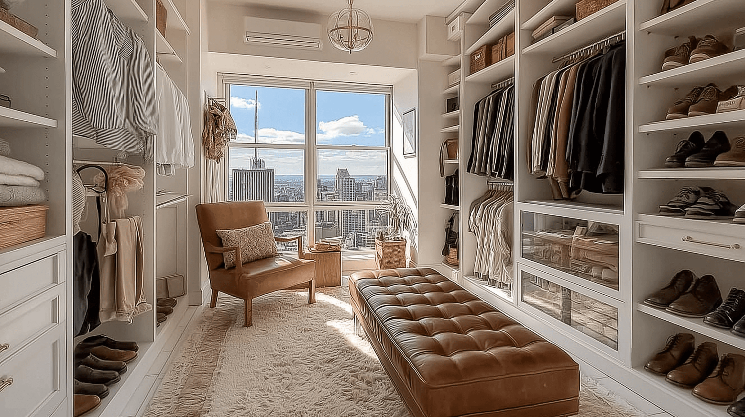 Spacious luxury walk-in closet with custom white shelving, a long brown leather tufted bench, a reading chair, and a large window overlooking the city skyline.