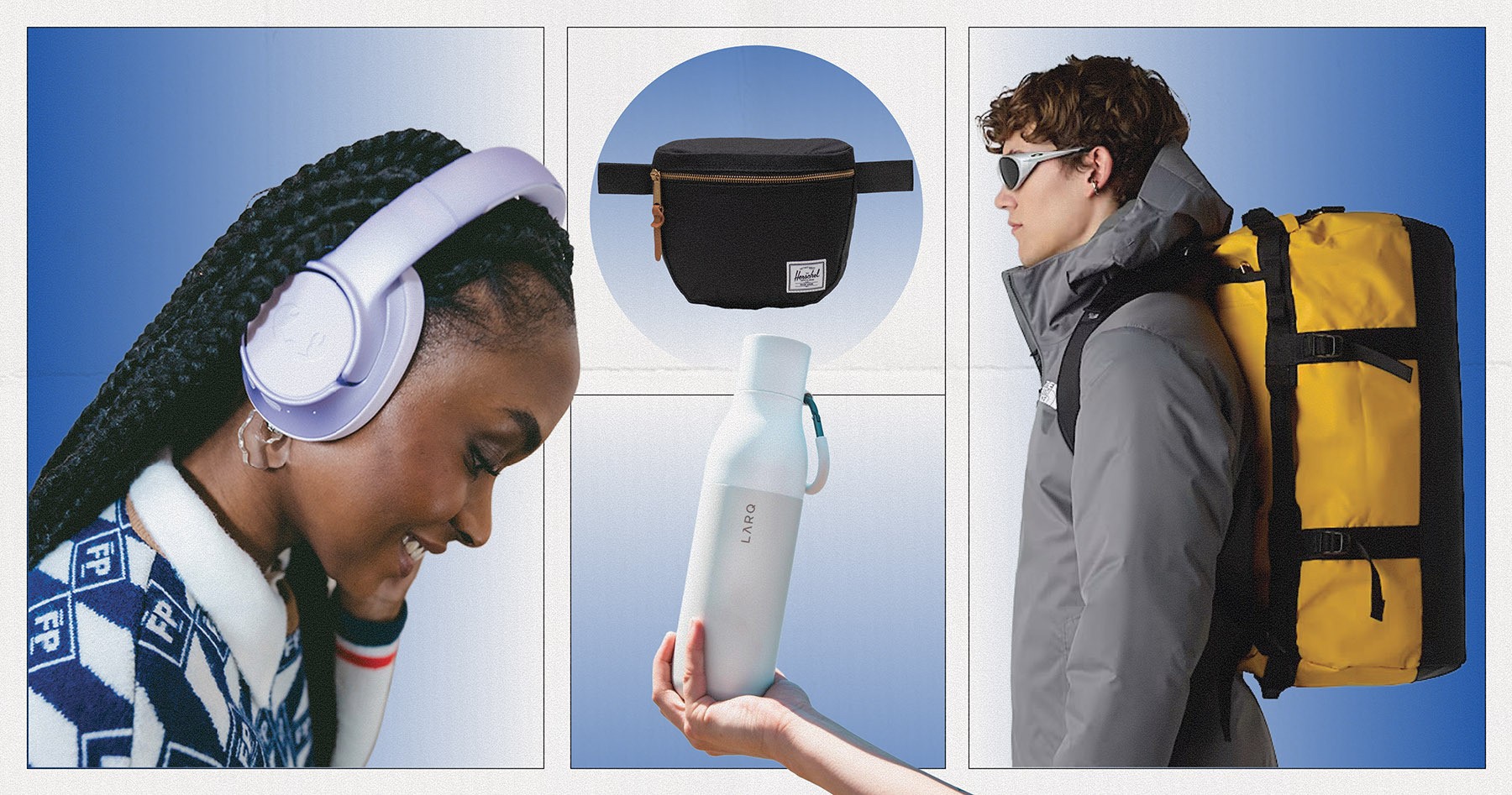Reis-thema merkartikelen inclusief koptelefoons, een Herschel heuptasje, een LARQ waterfles en een rugzak, gemodelleerd door twee mensen.