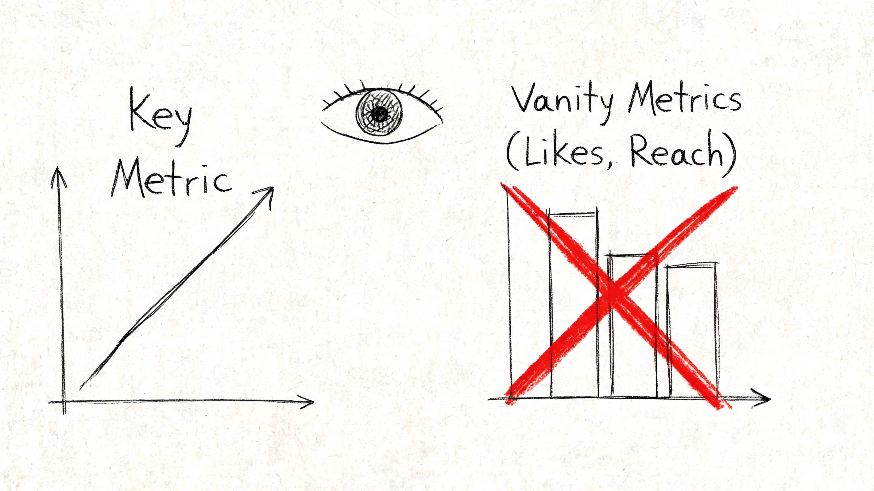 A hand-drawn sketch comparing a rising line graph for key metrics versus barred vanity metrics.
