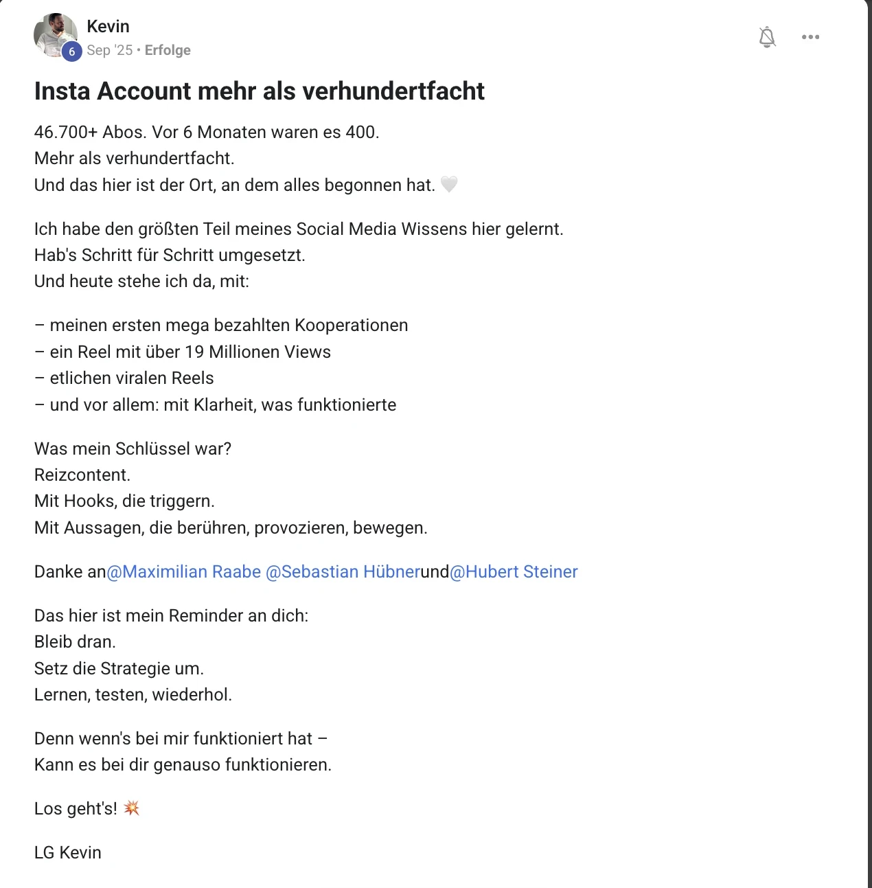 Kundenstimme KI Creator Akademie: Kevin wächst in 6 Monaten von 400 auf über 46.700 Follower