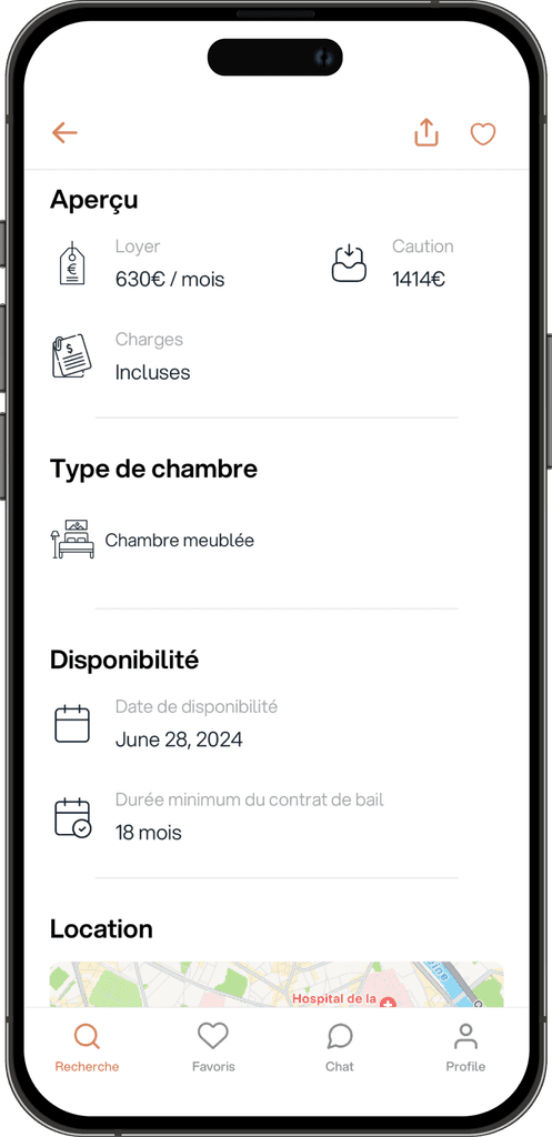 Capture d'écran de l'application Coloco sur iPhone, présentant un aperçu des détails d'une chambre en colocation. Le loyer est de 630€ par mois, avec une caution de 1414€, et les charges sont incluses. La chambre est meublée. La disponibilité commence le 28 juin 2024, avec une durée minimale du contrat de bail de 18 mois. Une carte partielle de la localisation est visible en bas de l'écran, avec des icônes de navigation pour la recherche, les favoris, le chat et le profil.