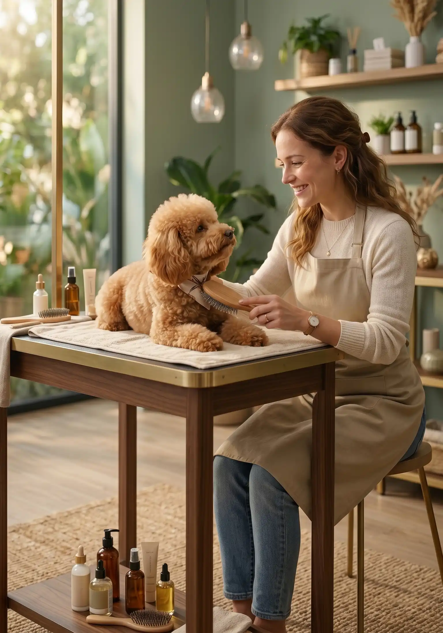 A gentle grooming moment where a dog is being cared for in a calm, pet-friendly environment.