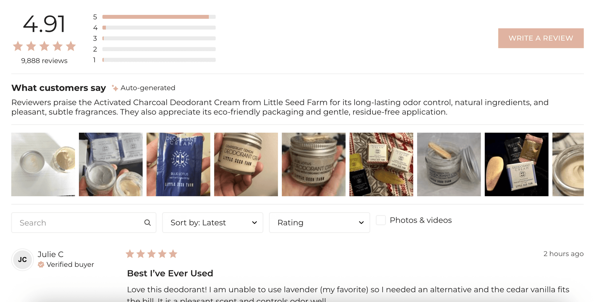 Reviews displayed on the PDP for Little Seed Farm's Activated Charcoal Deodorant - desktop view