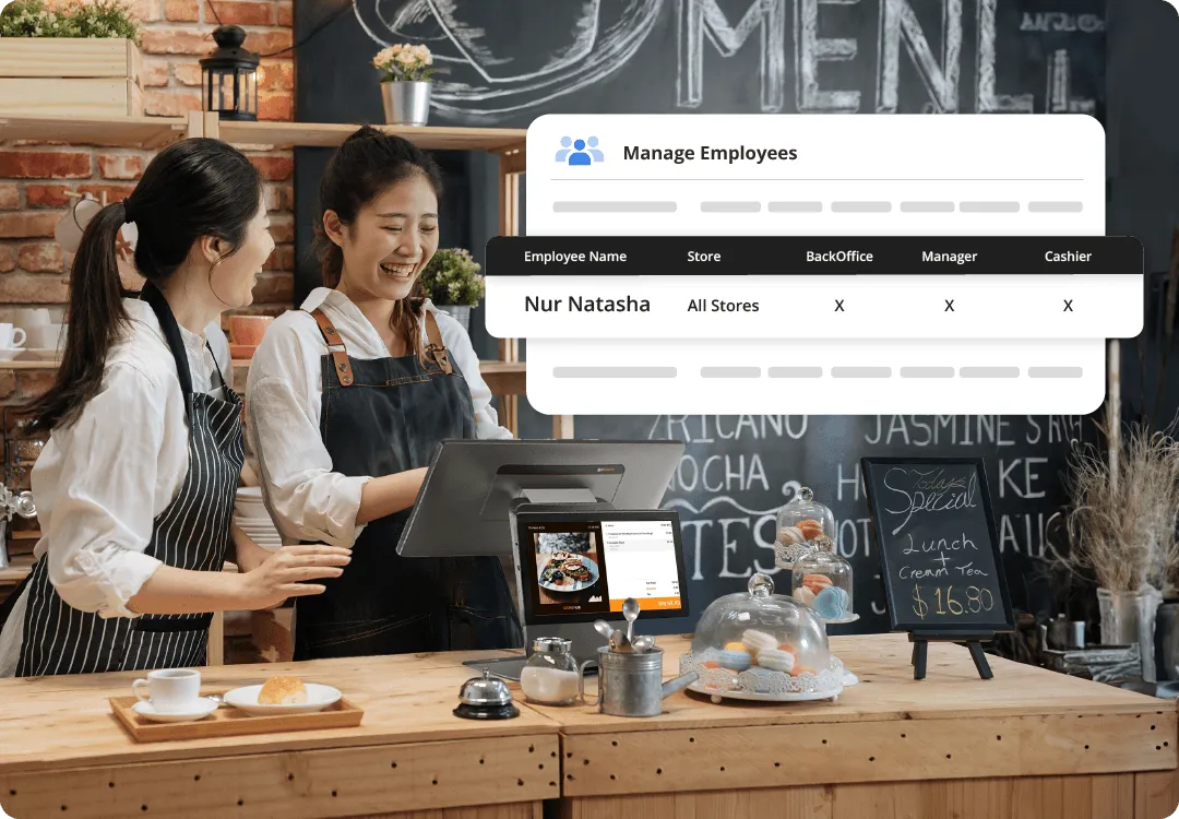 Two Malaysian café staff using StoreHub POS while managing employee roles and access permissions.