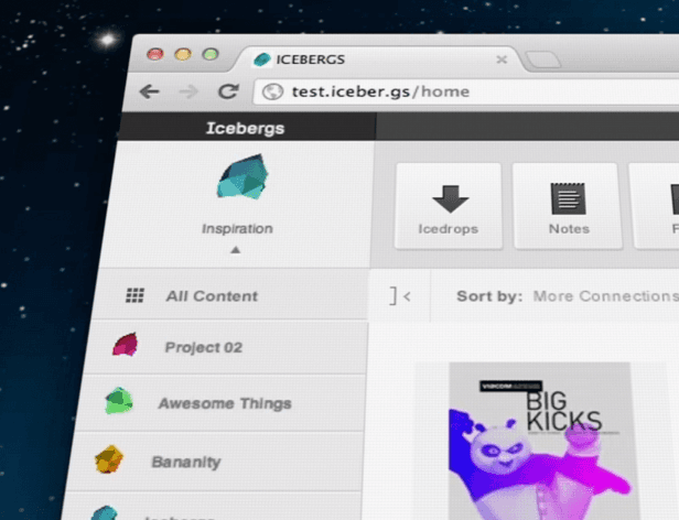 A computer screen displays a web browser window titled “test.iceber.gs/home” with the “Icebergs” tab active. The active tab shows an icon labeled “Inspiration” with an upward arrow, a downward arrow icon labeled “Icedrops,” and a notebook icon labeled “Notes.” Below these icons are tabs labeled “All Content,” “Project 02,” “Awesome Things,” “Bananity,” and partially visible text. The lower right corner of the screen shows a book cover titled “BIG KICKS” with a purple background and a purple panda-like character. The background of the browser window is a dark blue color with small white dots resembling stars.
