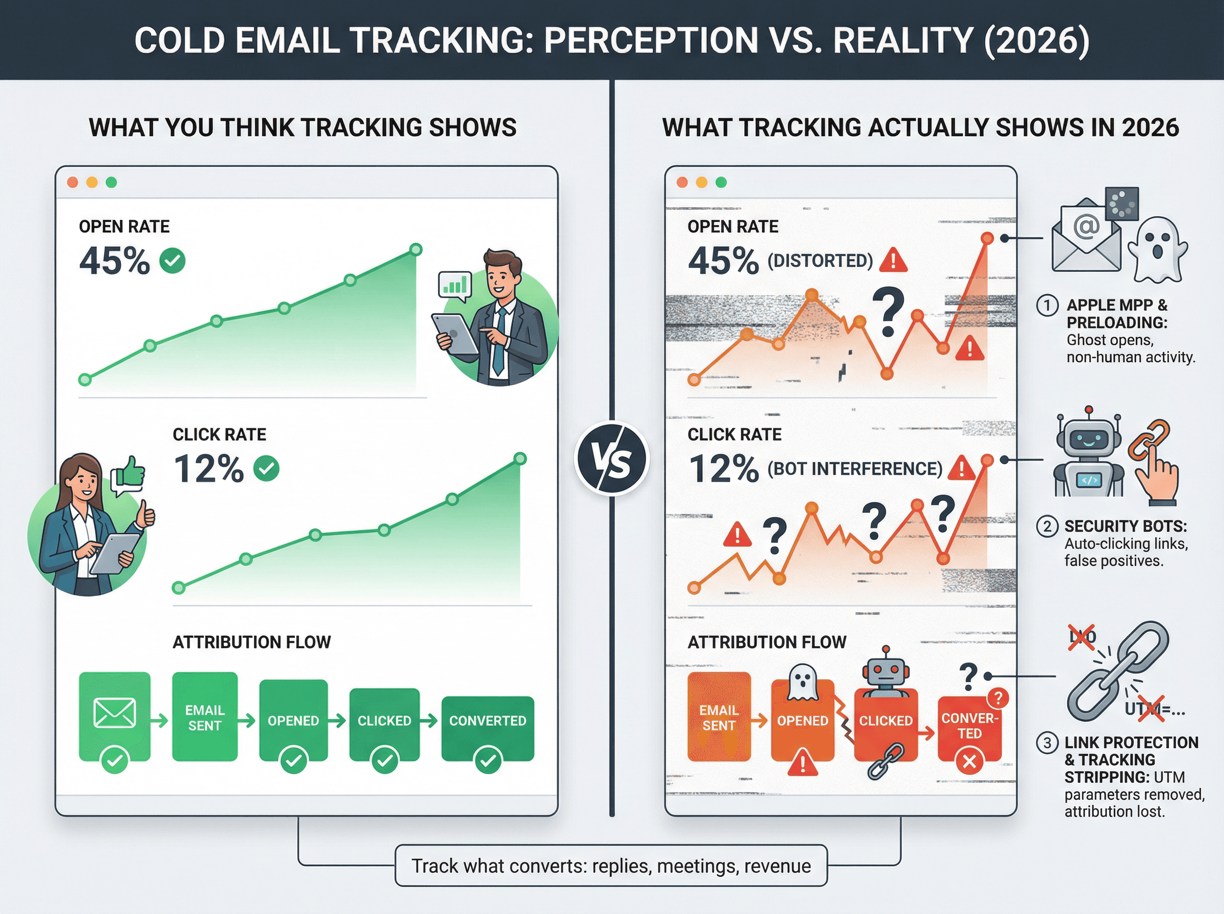 Split comparison showing perceived vs actual cold email tracking accuracy in 2026 with Apple MPP and security bot interference