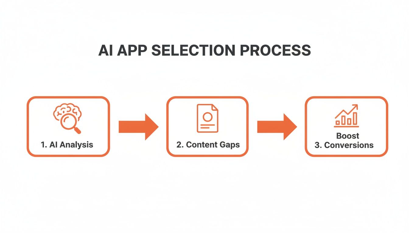 Diagram illustrating the AI app selection process with steps for AI analysis, content gaps, and boosting conversions.
