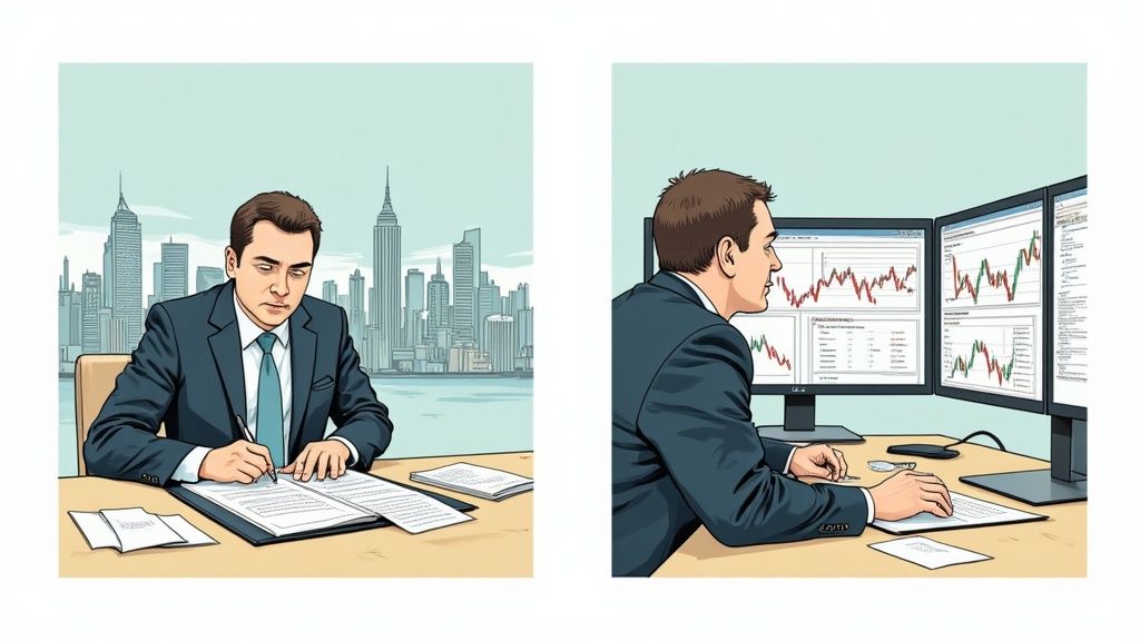 Two professionals in suits analyzing charts on a computer screen in a modern office, symbolizing the analytical work in finance.