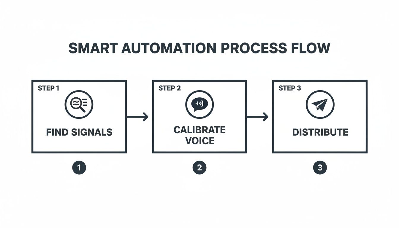 A three-step smart automation process flow diagram showing Find Signals, Calibrate Voice, and Distribute.