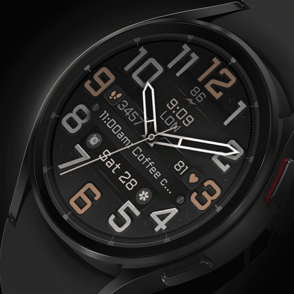 Galaxy watch displaying an analog watch face