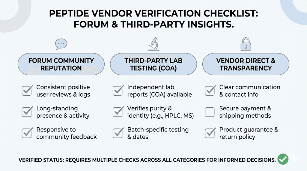 Peptide vendor verification checklist showing forum feedback and testing requirements