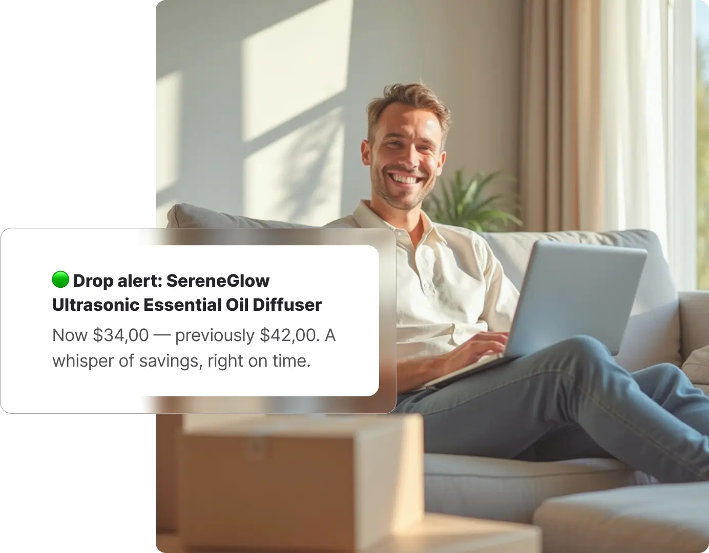 A smiling man sits on a couch with a laptop, looking pleased as a Whisprice notification appears, reading: "Drop alert: SereneGlow Ultrasonic Essential Oil Diffuser. Now $34,00 — previously $42,00.