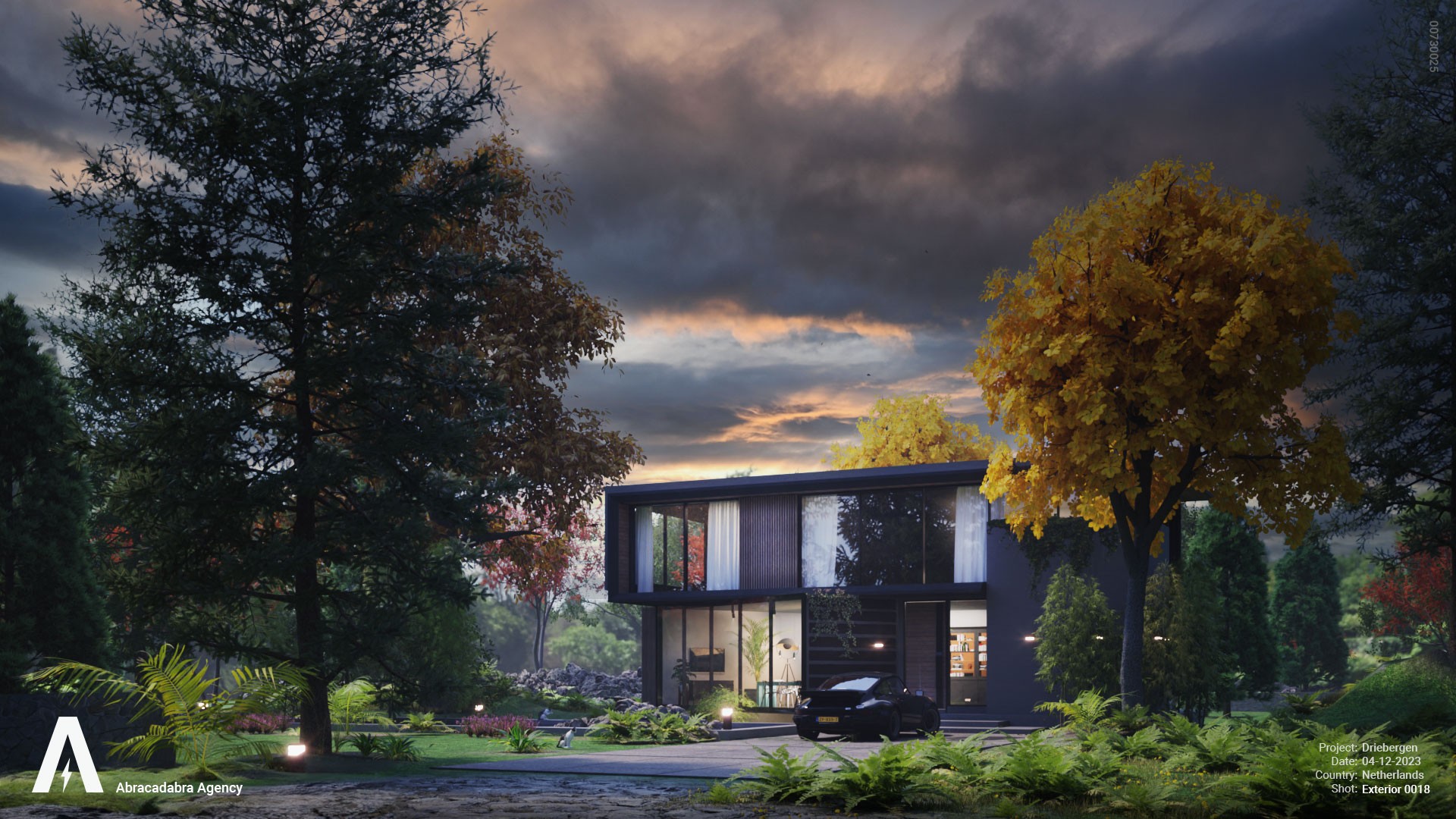 very nice 3D render of house in Driebergen with dark clouds