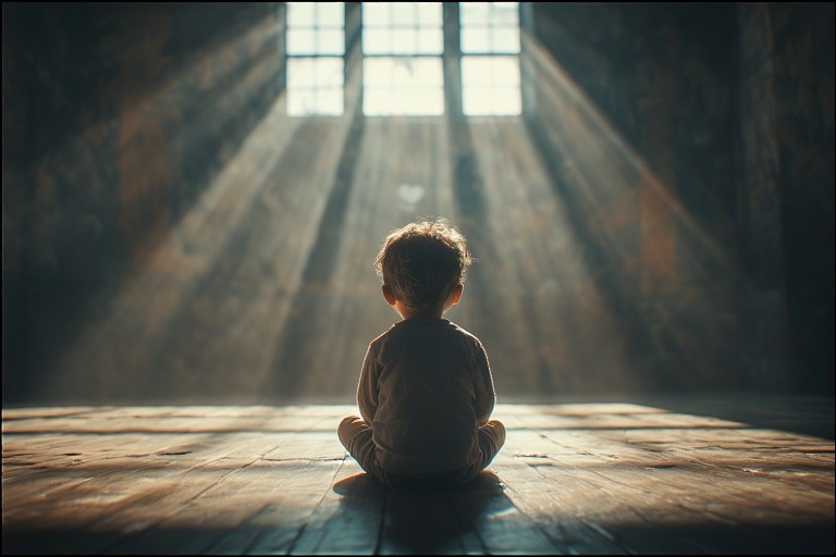 Child sitting alone in large space symbolizing childhood vulnerability and emotional development challenges in early life.| Jyotisa.org
