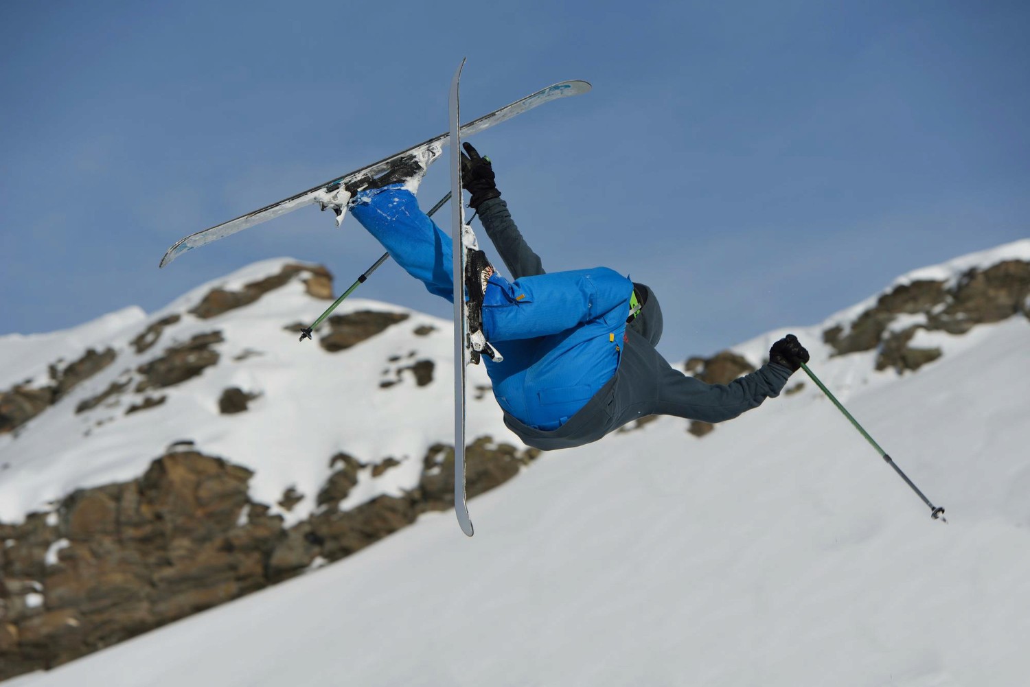 closeup of skier in air