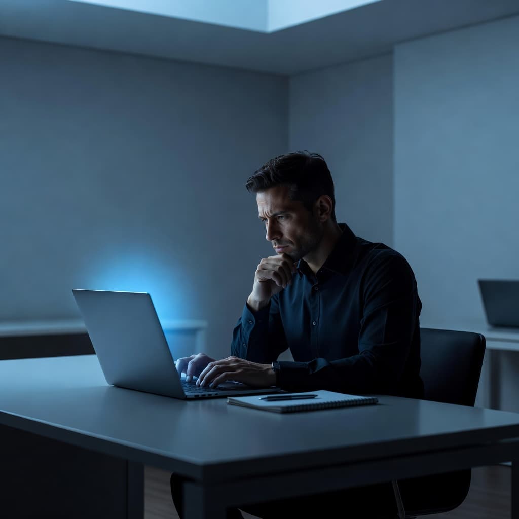 A focused professional sits at a clean desk using a laptop, illuminated by vibrant blue lighting that casts dramatic shadows across the minimalist office space, emphasizing intense concentration and productivity.
