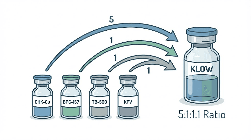KLOW peptide blend composition showing GHK-Cu BPC-157 TB-500 and KPV ratio