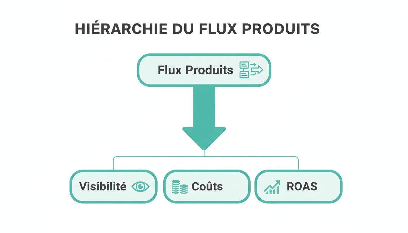 Diagramme hiérarchique du flux produits présentant visibilité, coûts et ROAS comme indicateurs clés.