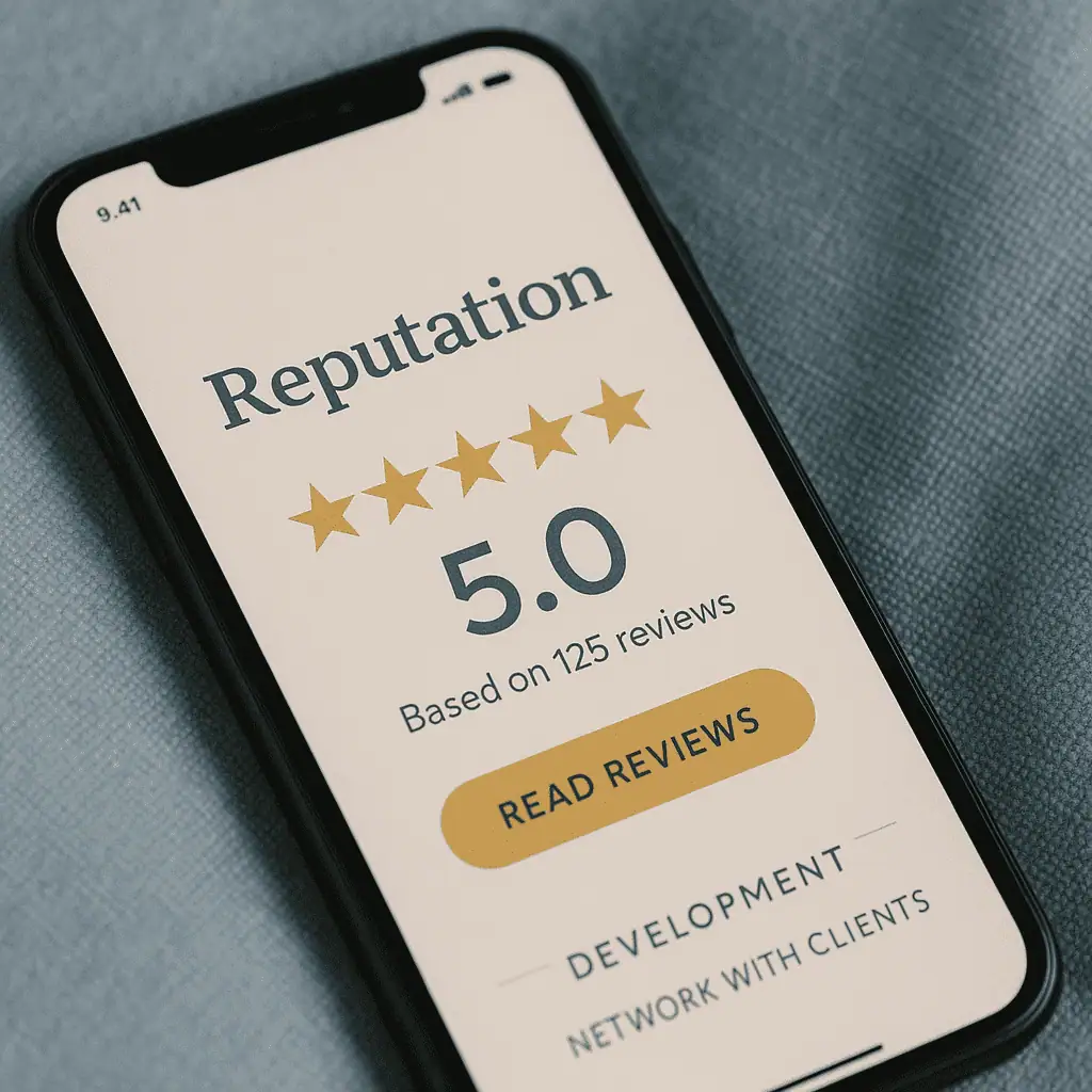 Phone displaying 5‑star customer rating—online reputation management for small businesses to build trust.