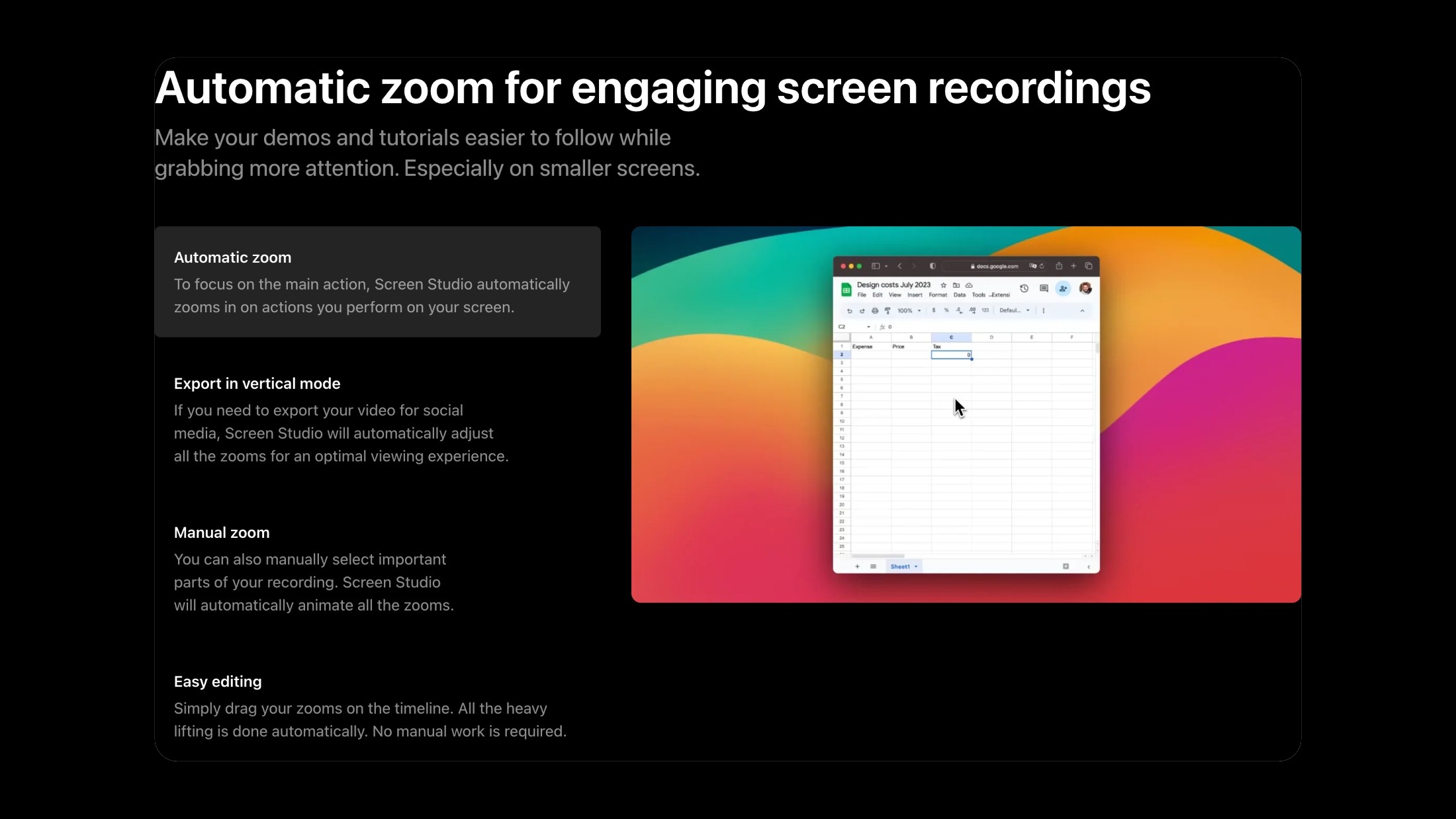 Screen Studio's automatic zoom section, listing Automatic zoom, Export in vertical mode, Manual zoom and Easy editing beside a still of a spreadsheet recording