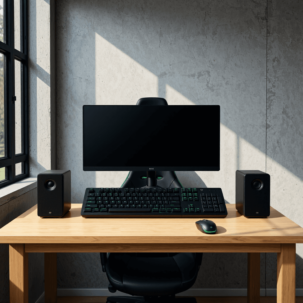 product photography of a gaming setup including a monitor, keyboard, mouse, and speakers