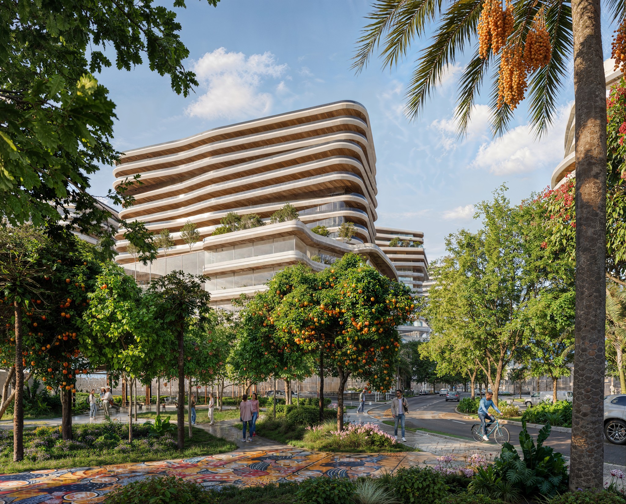 Modern commercial space with a slanted roof, surrounded by greenery and a spacious outdoor area.