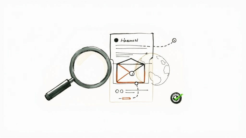Magnifying glass examining email marketing document with envelope icon and globe illustration