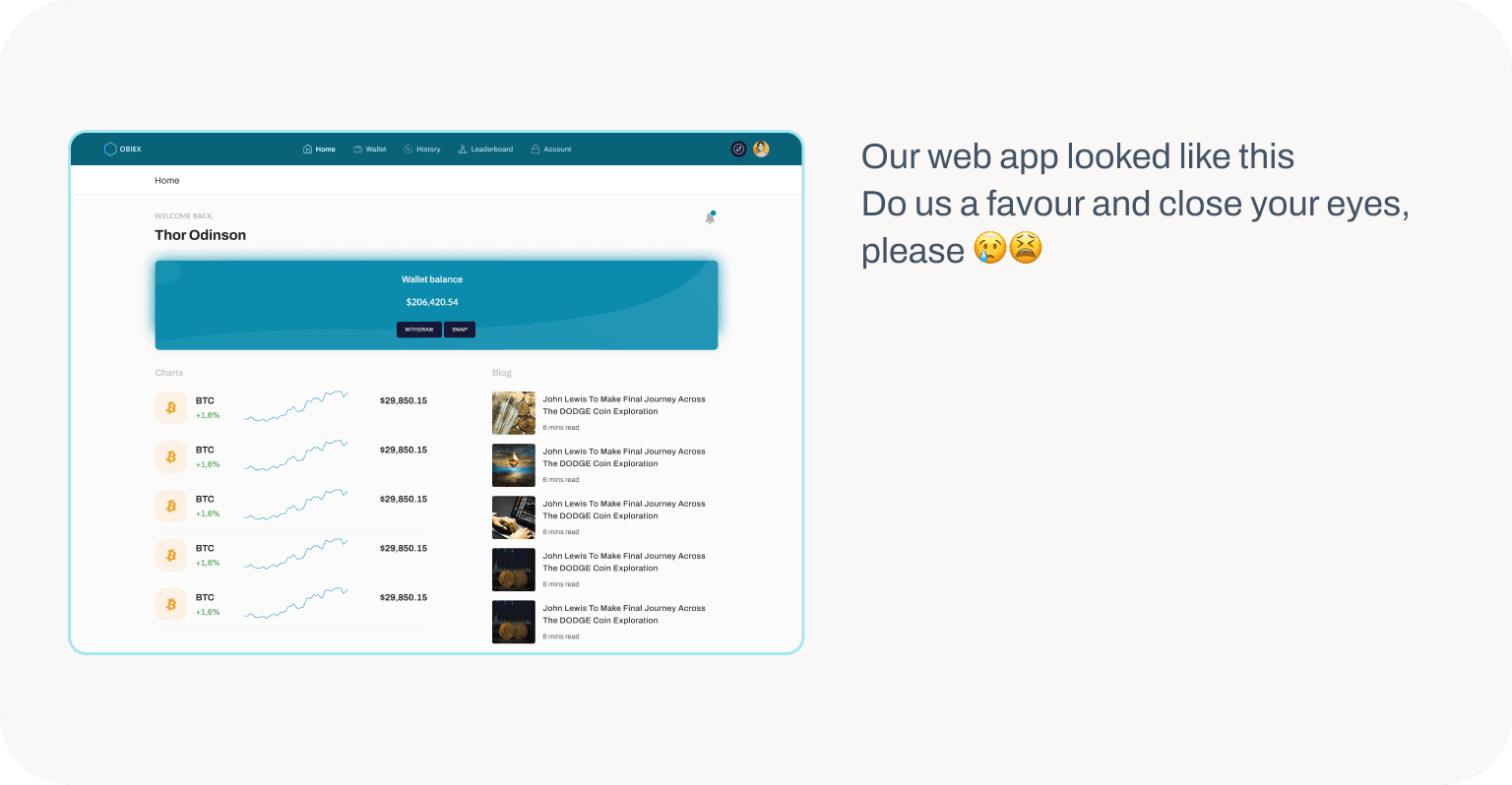 Outdated web app interface with cryptocurrency dashboard and user balance.