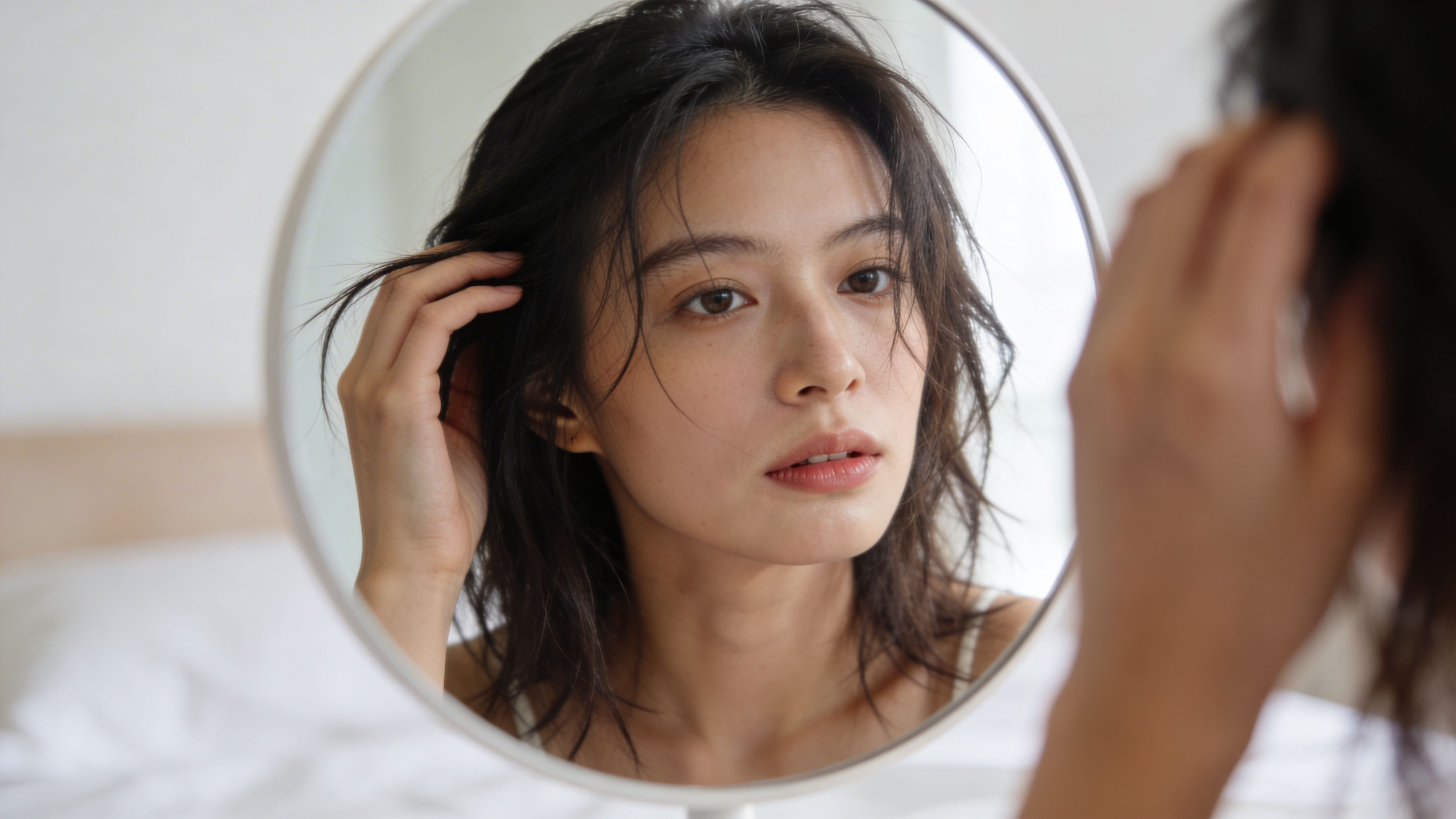 A woman looks at her reflection in a circular mirror while touching her messy dark hair