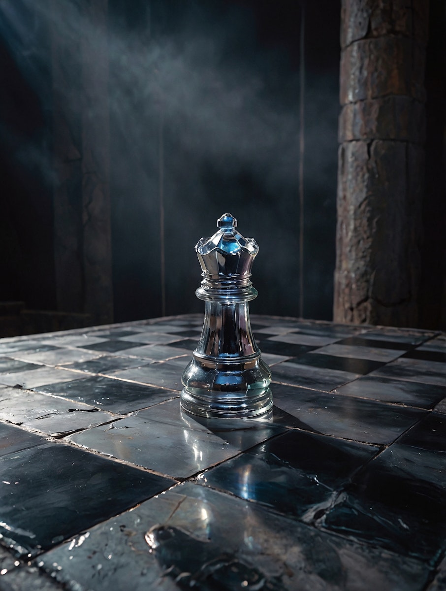 A metallic chess queen on a cracked, reflective board with misty stone pillars in the background, creating a mysterious atmosphere.