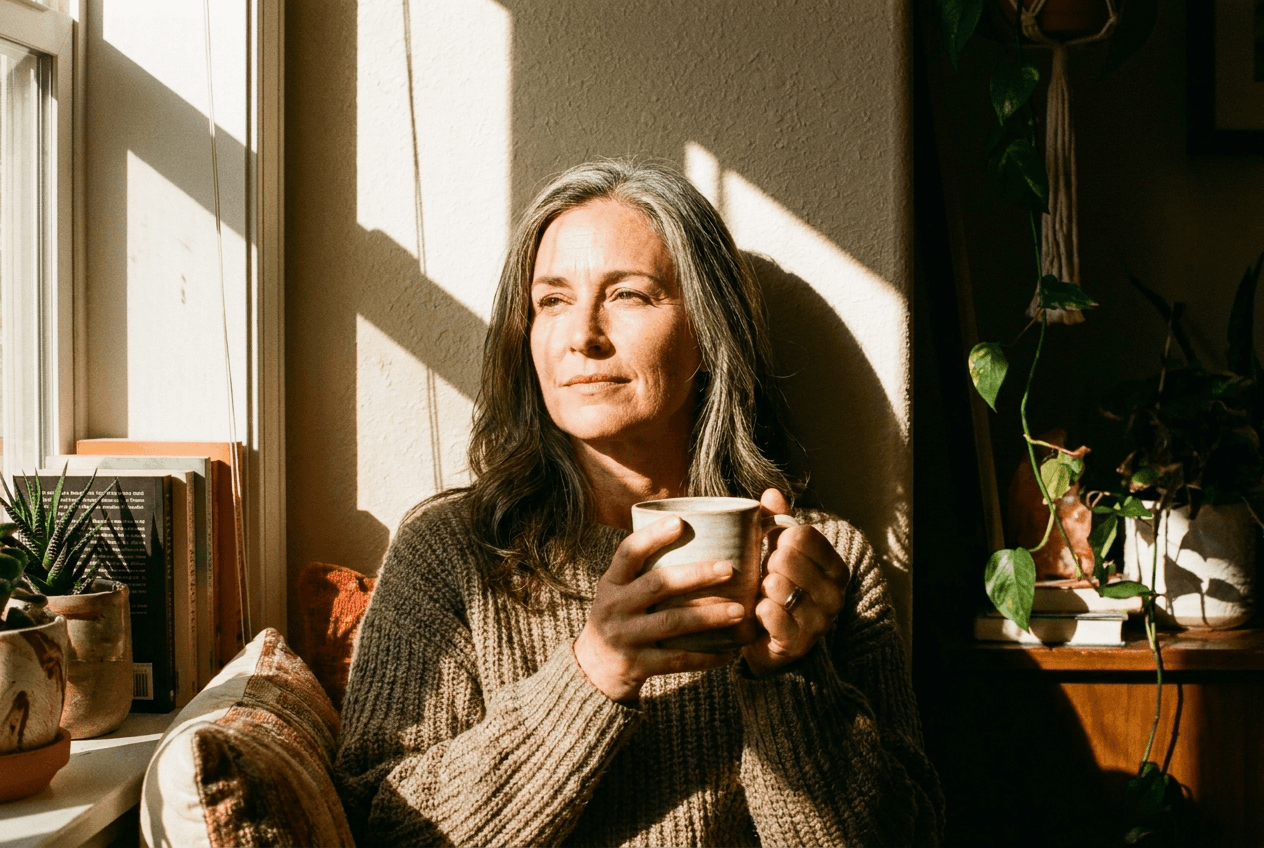A woman in her late 40s resting by a window holding a warm mug in golden light