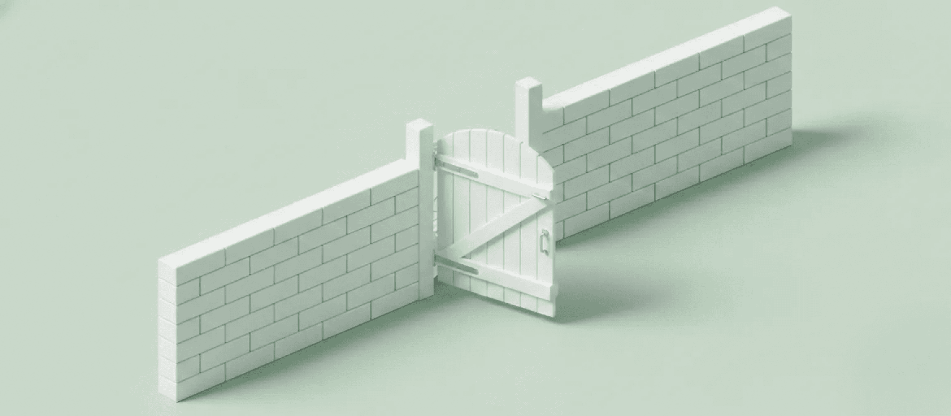 An isometric rendering of an open wooden gate in a brick wall