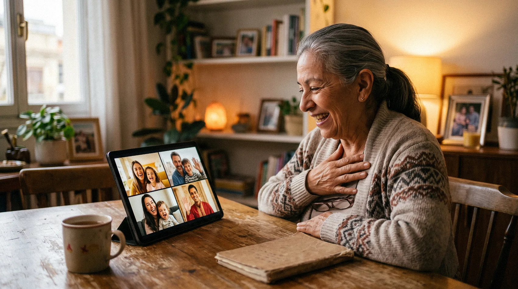 Elderly South Asian grandmother video calling family abroad on tablet at home - TalkTalk Global Boost campaign