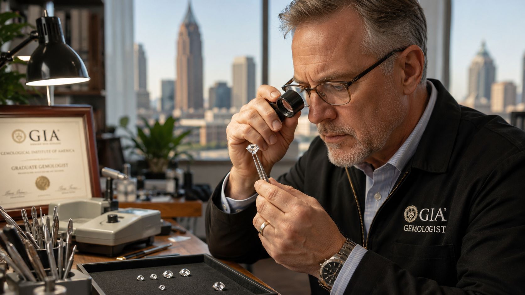 A professional GIA certified gemologist carefully inspects a genuine diamond using a jeweler's loupe in an office.