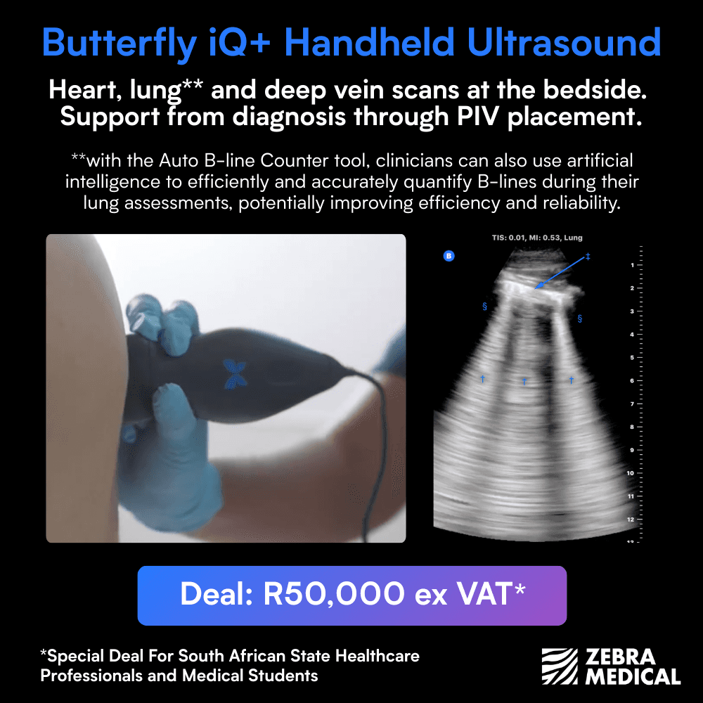 Zebra Medical Butterfly iQ+ Handheld Ultrasound Deal. Instant scanning (no lag) means identifying the ppresence of free internal fluids in minutes, using a single probe for all required landmarks. Deal: R50,000 including VAT. 