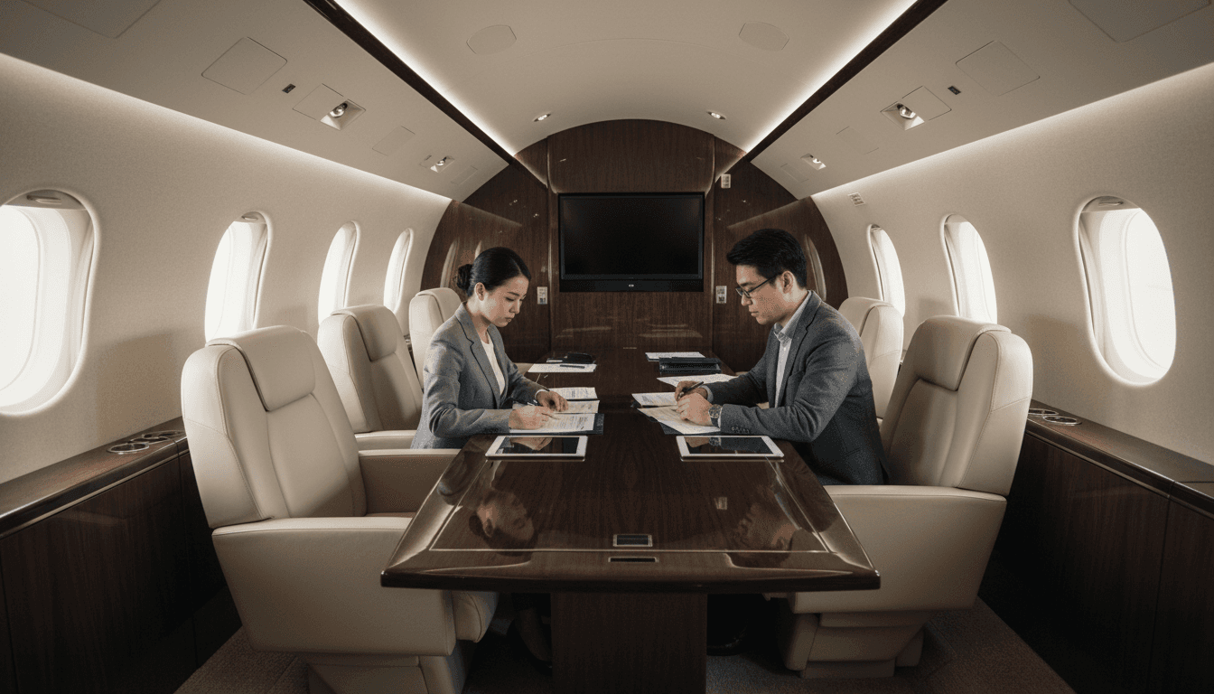 Business executives meeting inside a private jet cabin - a boardroom in the sky