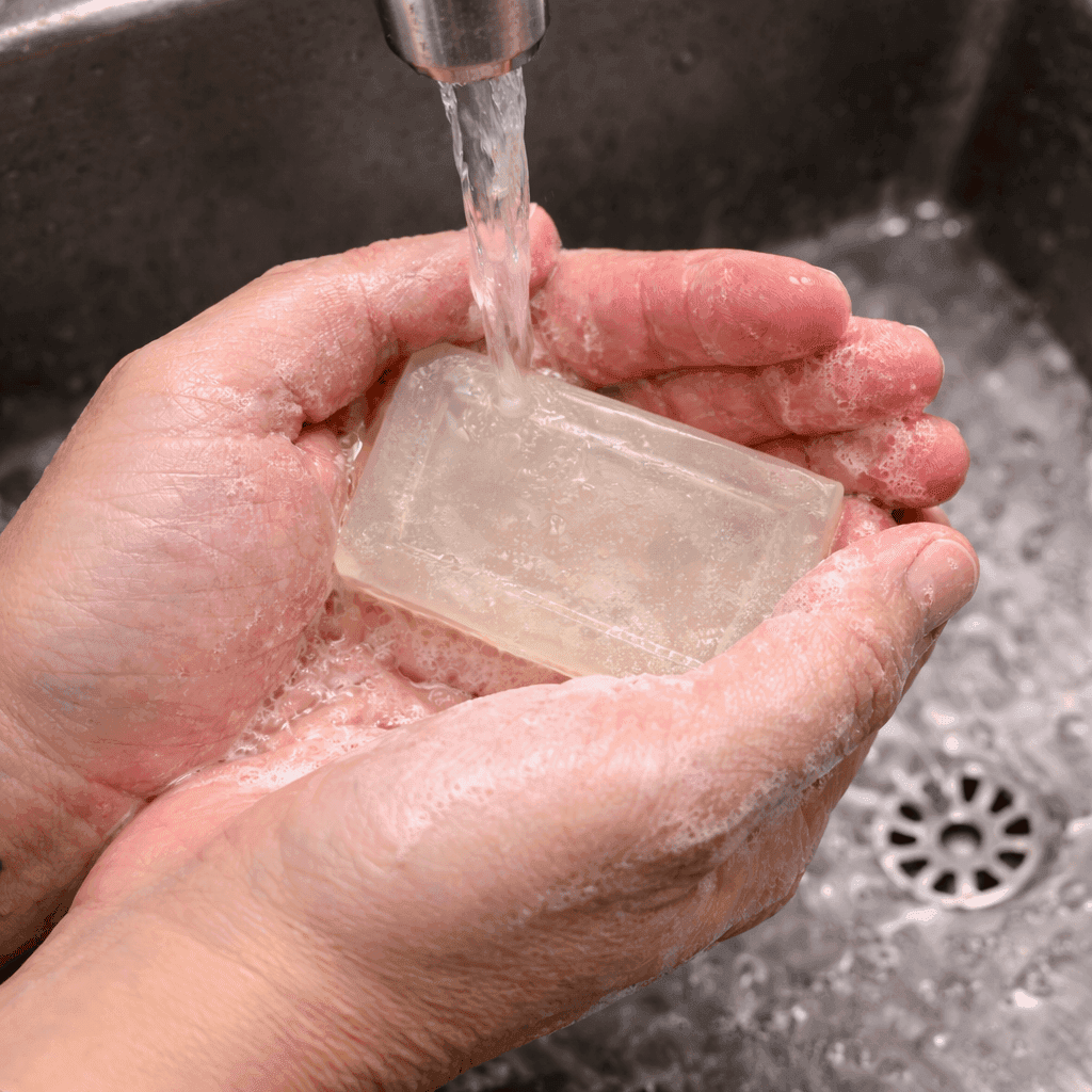 Good Day translucent soap being used to wash hands under running water in stainless steel sink, minimal foam with clean industrial setting