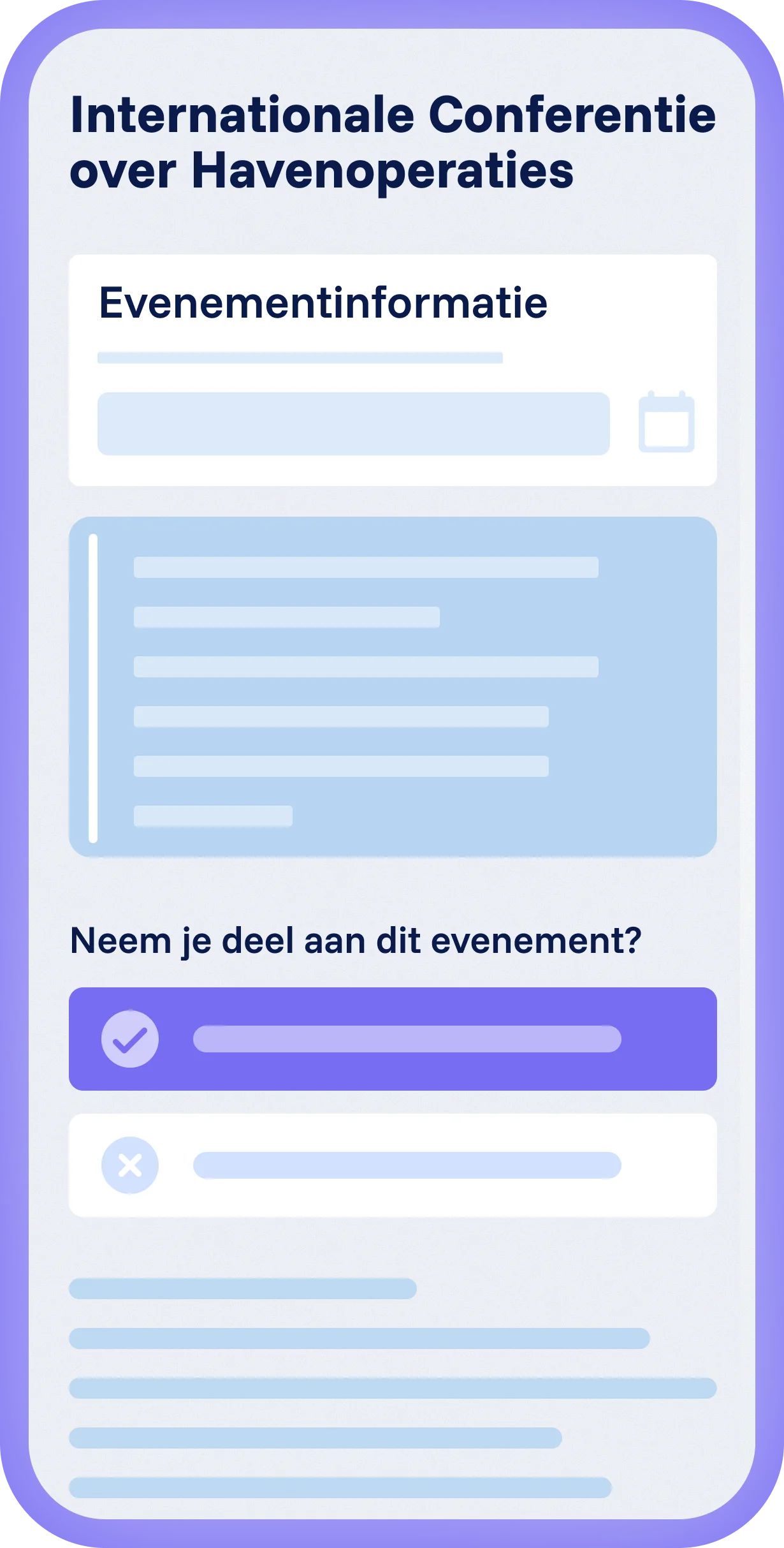 Spencer mobiele eventpagina met conferentie titel, event info, datumveld en RSVP keuze om aanwezigheid te bevestigen