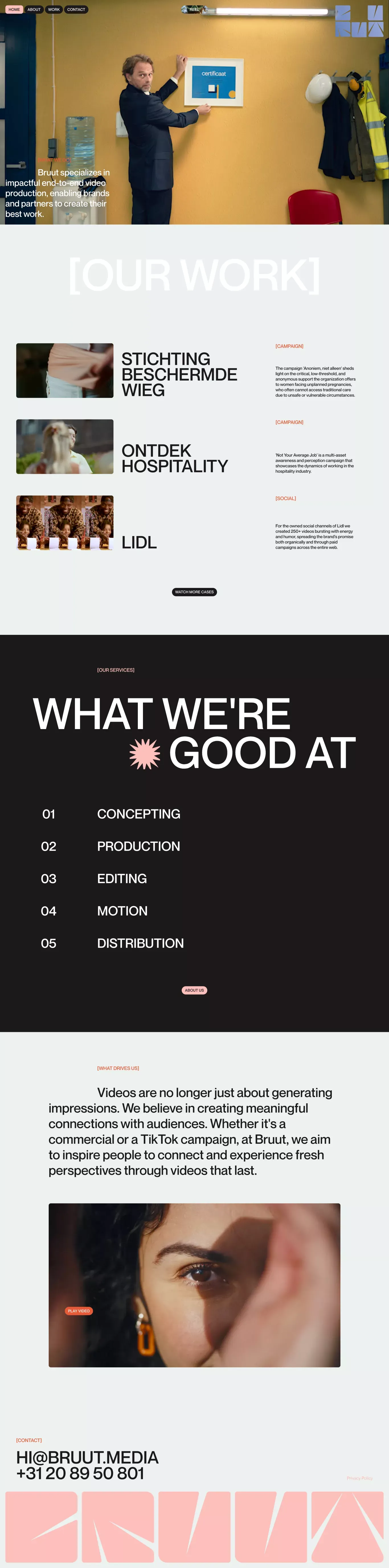 Bruut - Video production & distribution portfolio page screenshot showcasing Advertising and Design design