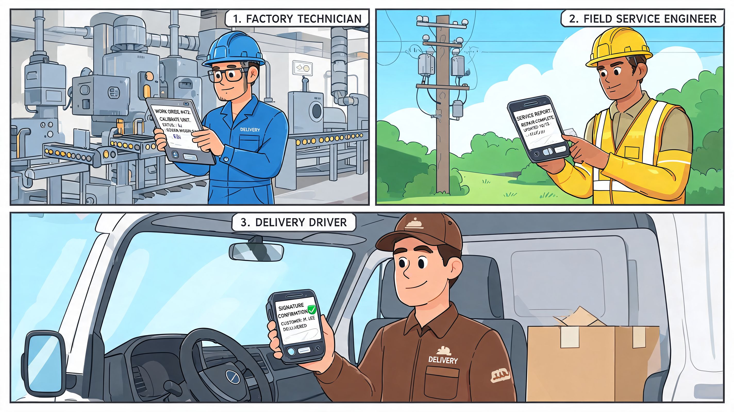 A three-panel illustration showing a technician, field service engineer, and delivery driver using mobile devices for workflow management.