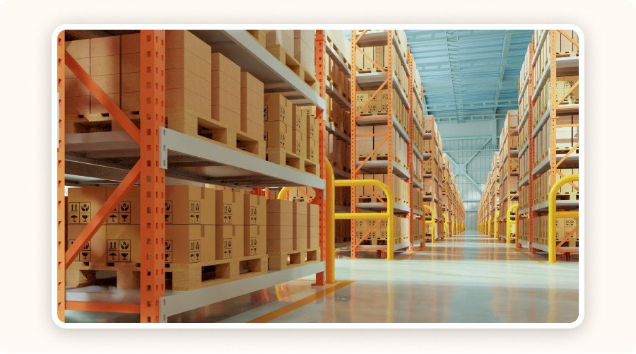 Warehouse aisles with stacked boxes on industrial storage shelves